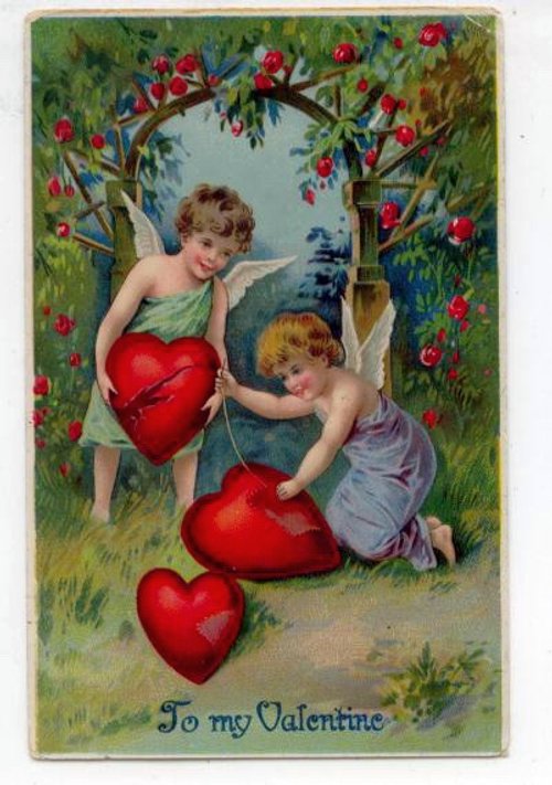 Victorian Valentine's Day Cherubs with Giant Hearts | Vintage Greeting Card