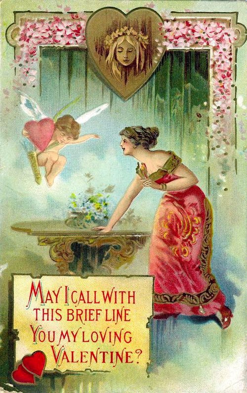 Victorian Valentine Card with Cupid & Woman Heart Portrait