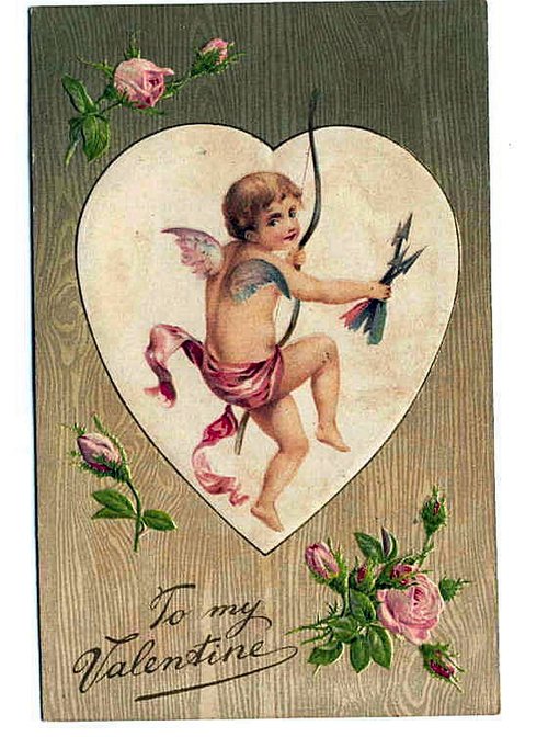 Victorian Cupid Valentine Card with Pink Roses & Heart
