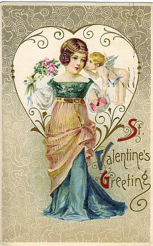Victorian Valentine's Day Greeting Card with Cupid & Woman