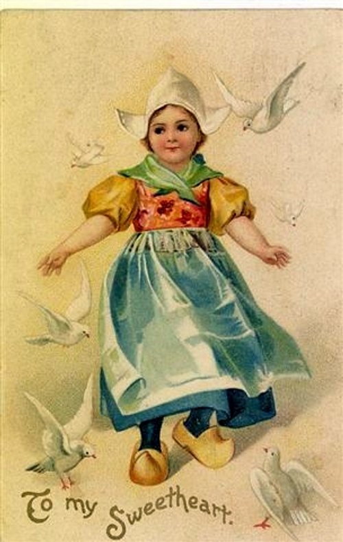 Victorian Valentine Card with Dutch Girl and Doves