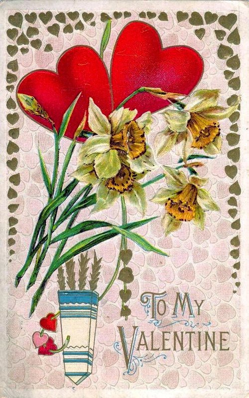 Victorian Valentine's Day Greeting Card with Red Hearts & Daffodils