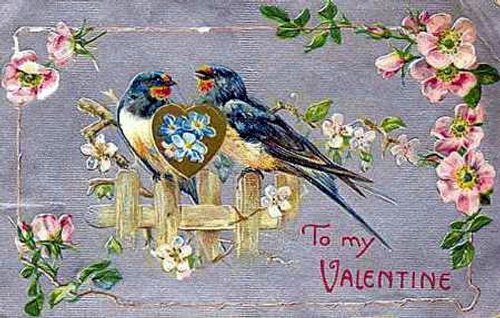 Victorian Valentine with Swallows and Gold Heart