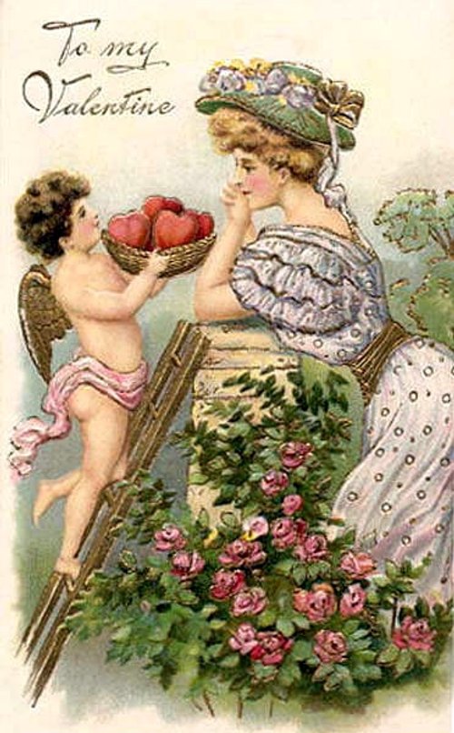 Victorian Valentine Card Cupid & Woman in Garden