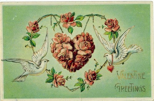 Victorian Valentine Greeting Card with Doves and Roses