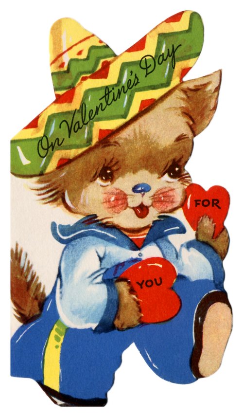 Vintage Valentine's Day Cat in Sombrero Die-Cut Greeting Card