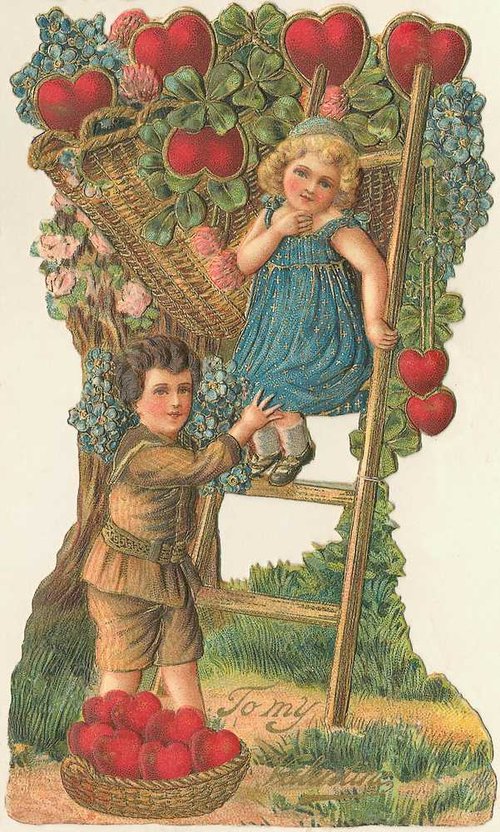 Victorian Die-Cut Valentine: Children Harvesting Heart Apples