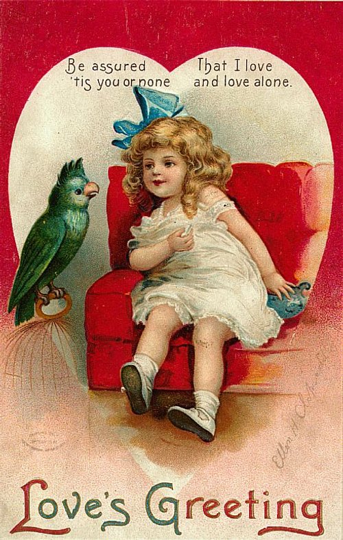 Victorian Love's Greeting Card with Child & Parrot, 1890s