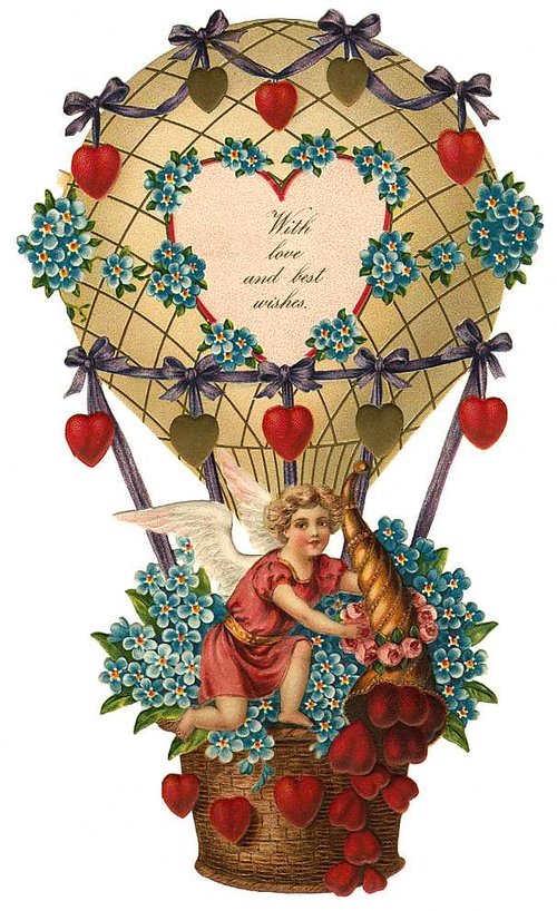 Victorian Hot Air Balloon Cherub Valentine Card with Forget-Me-Nots