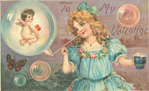 Victorian Valentine's Day Card with Cherub and Soap Bubbles
