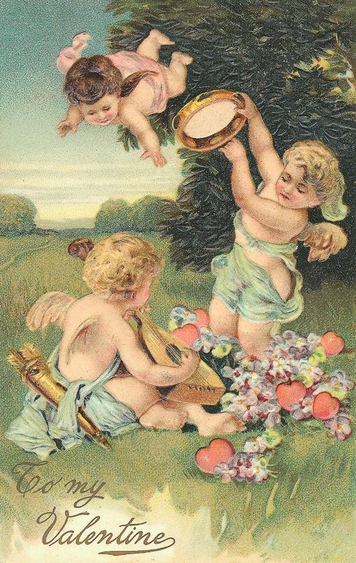 Victorian Valentine Cherubs with Flowers - Vintage Greeting Card
