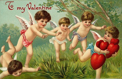 Victorian Valentine Cherubs with Red Hearts - Antique Greeting Card
