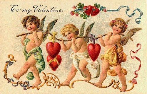 Victorian Valentine's Day Card with Cherubs and Red Hearts