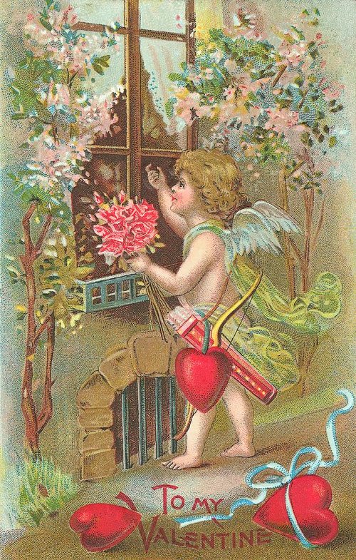 Victorian Cupid Valentine's Day Greeting Card - Angel with Roses
