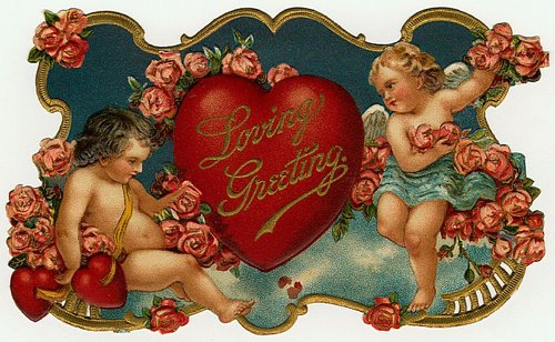 Victorian Love Greeting Cherub Cupids Red Heart Die-Cut Card
