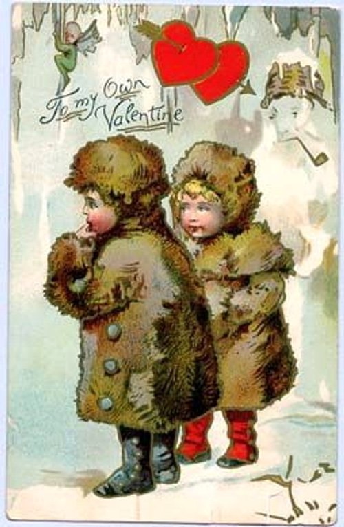 Victorian Valentine Greeting Card with Children in Fur Coats