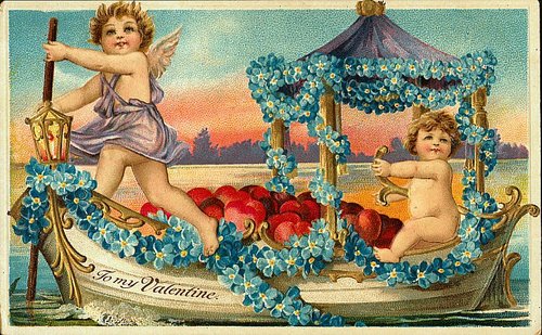 Victorian Cherub Valentine Card with Boat & Blue Flowers