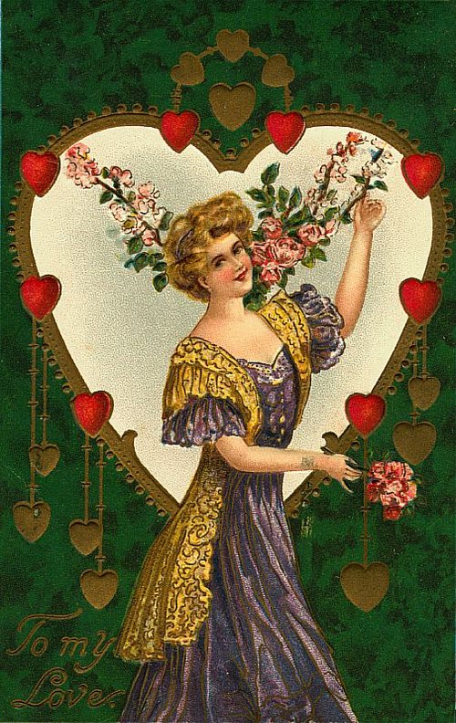 Victorian Valentine's Day Card with Woman, Floral Hearts & Gold Accents