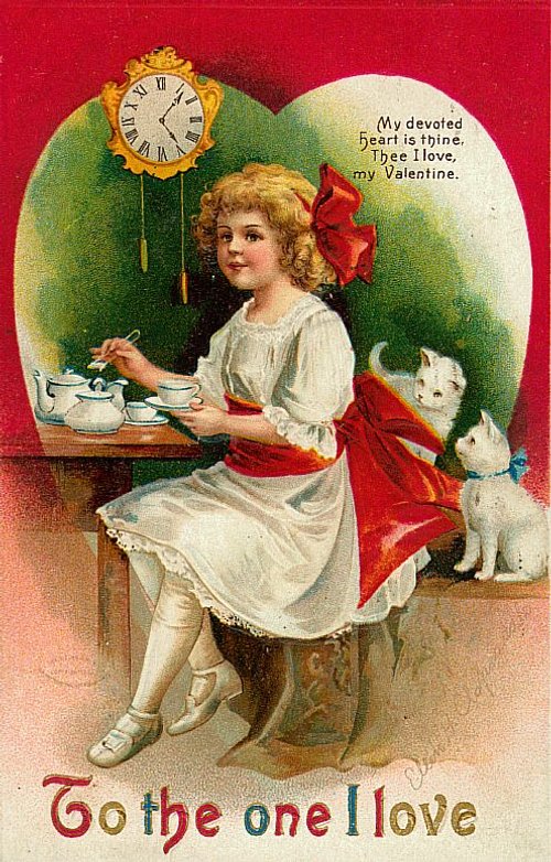Victorian Valentine Greeting Card with Girl, Clock & Kittens