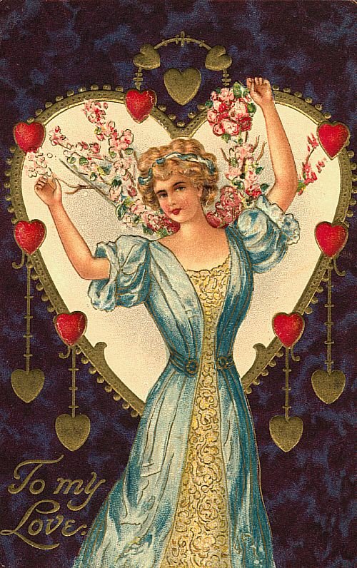 Edwardian Valentine's Day Card with Woman & Floral Hearts