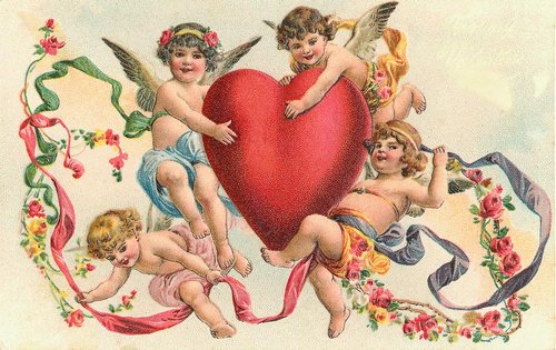 Victorian Cherub Valentine with Red Heart Lithograph