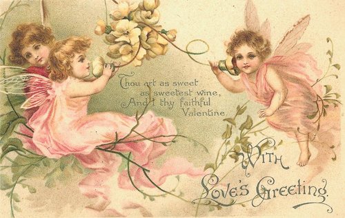 Victorian Valentine's Day Card with Flower Fairies and Wine