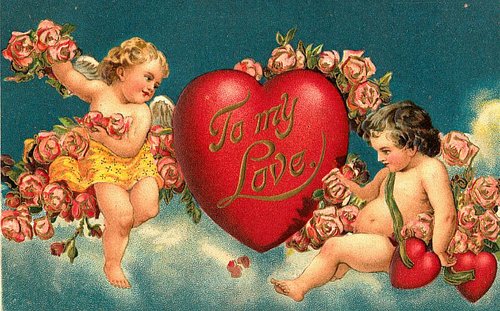 Victorian Cherubs & Red Heart Valentine Card, 1890s