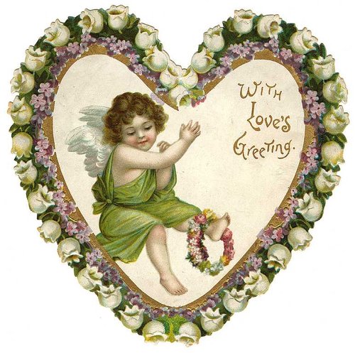 Victorian Valentine Cherub Heart Greeting Card with Lily of the Valley