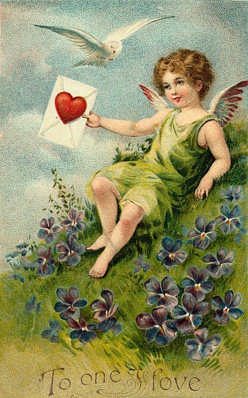 Victorian Cupid Love Letter Greeting Card - Cherub & Dove