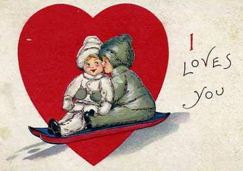 Vintage Valentine's Day Card: Couple on Sled with Red Heart