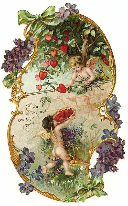 Victorian Cherub Heart Greeting Card Die-Cut Lithograph