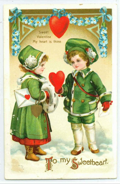Victorian Valentine Card with Children in Green Winter Coats
