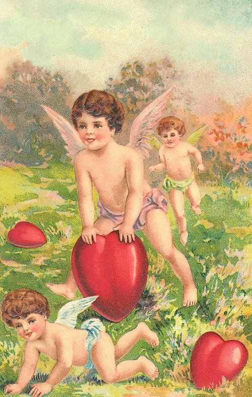 Victorian Cherub Valentines with Red Hearts - Antique Greeting Card