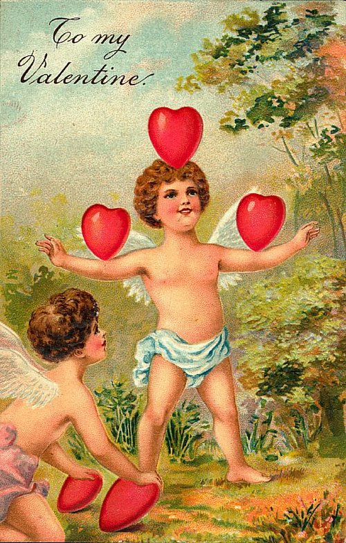 Victorian Cupid Valentine Card with Three Red Hearts