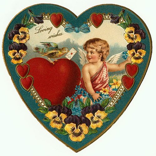 Victorian Valentine Die-Cut Heart with Cupid & Pansies