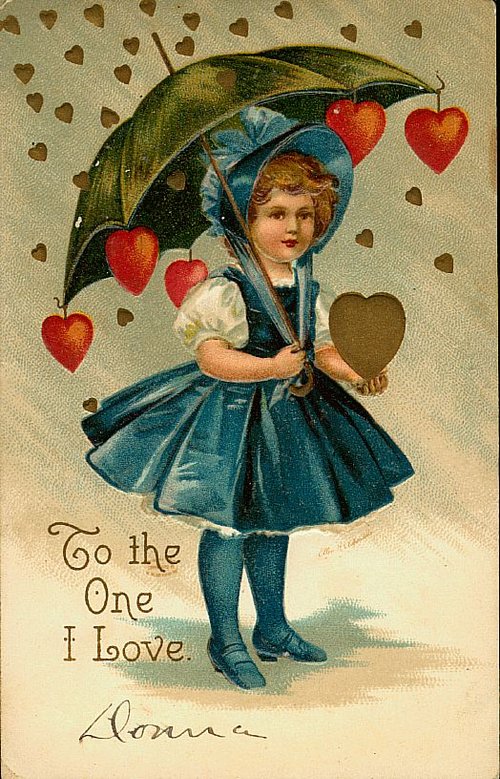 Victorian Valentine Girl with Heart Umbrella Love Greeting Card