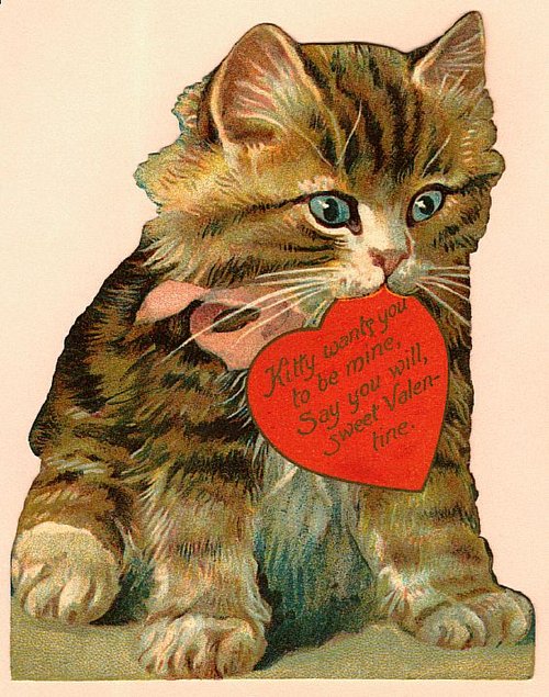 Vintage Valentine Cat Die-Cut Card, Victorian Era Love Greeting