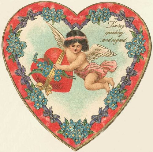 Victorian Cupid Valentine Card with Forget-Me-Not Flowers