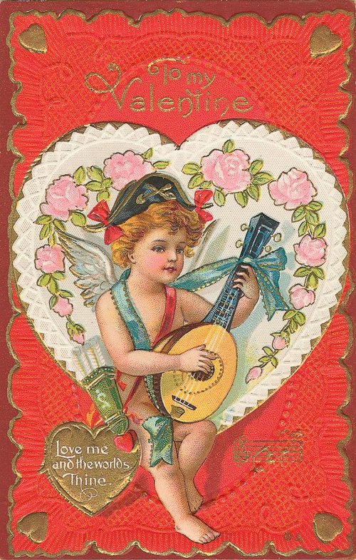 Victorian Valentine Cupid with Mandolin & Pink Roses Die-Cut