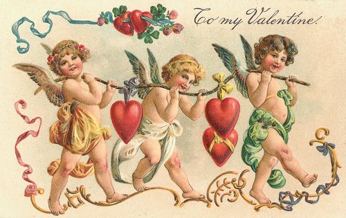 Victorian Valentine's Day Card with Cherubs and Hearts