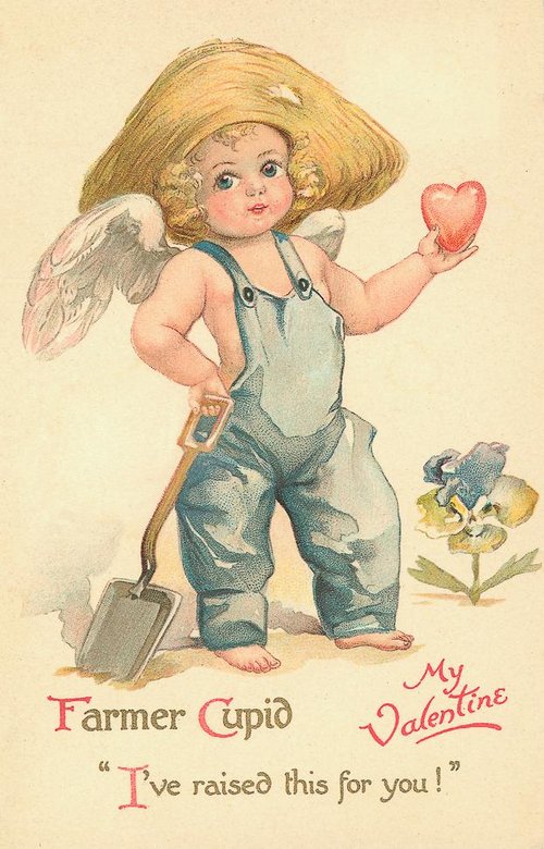 Farmer Cupid Vintage Valentine Card 1900s – Cherub with Shovel