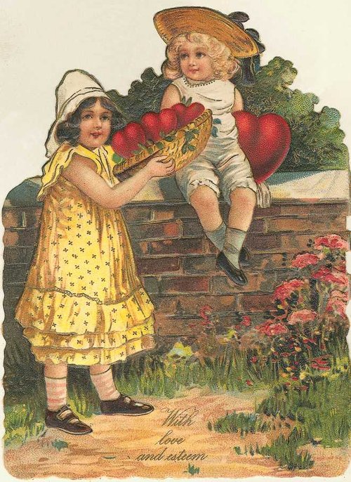 Victorian Children Valentine Hearts Die-Cut Greeting Card
