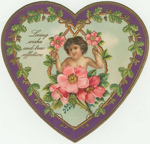 Victorian Heart-Shaped Valentine Card with Cherub and Pink Flowers