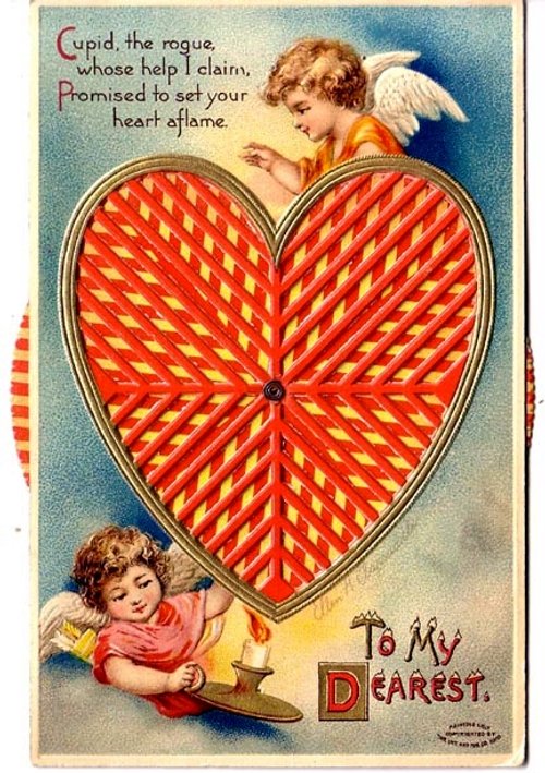 Victorian Cupid Valentine Card with Flaming Heart | Edwardian Love