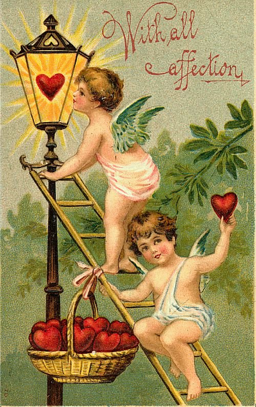 Victorian Cherub Valentine with Ornate Lantern & Hearts