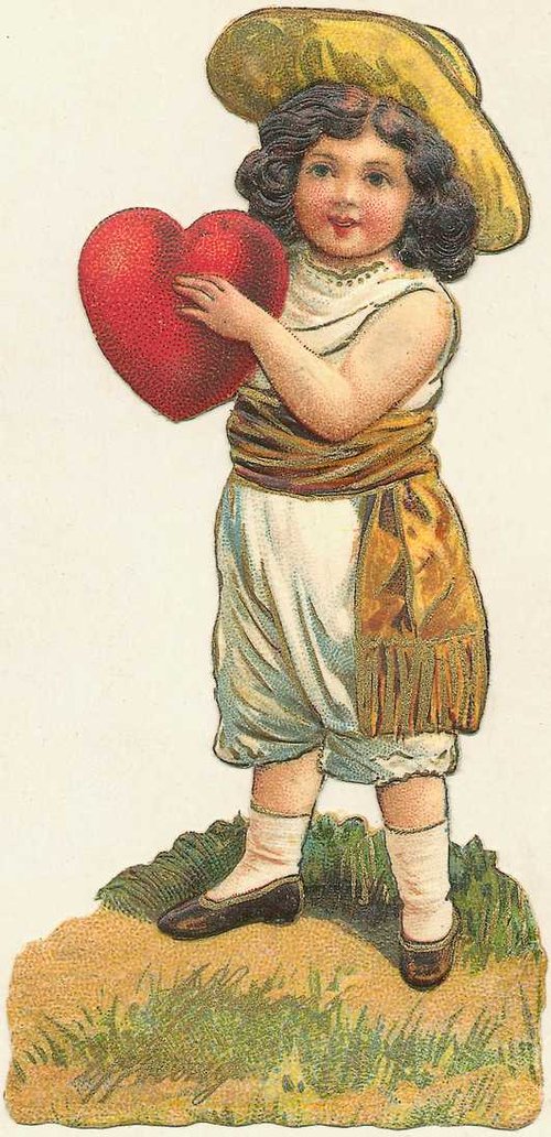 Victorian Valentine Die-Cut: Child with Red Heart & Straw Hat
