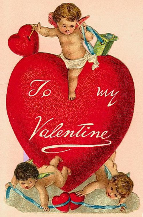 Victorian Valentine Cherub Die-Cut Greeting Card with Red Heart