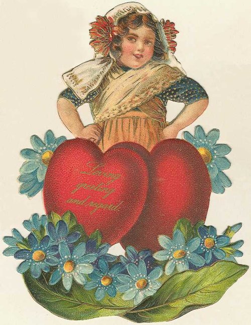 Victorian Valentine Girl with Double Hearts & Forget-Me-Nots