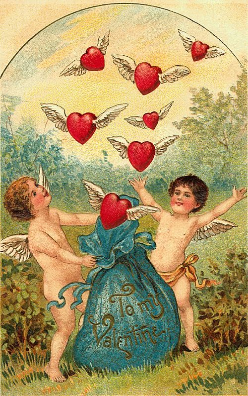 Victorian Cherubs & Winged Hearts Valentine Greeting Card