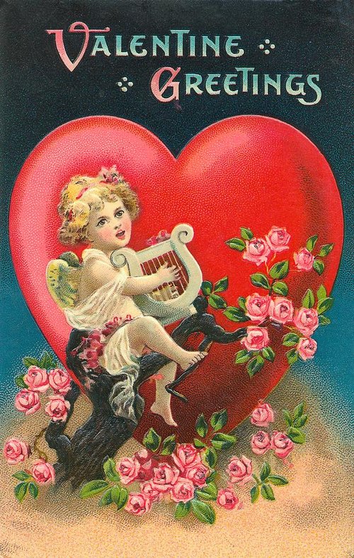 Victorian Valentine Greetings Card with Cherub, Heart & Roses